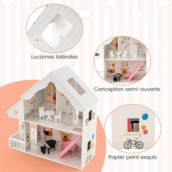 2-stöckiges Puppenhaus aus Holz mit 6 Zimmern und 8 Möbeln, kreatives Spielzeug für Kinder