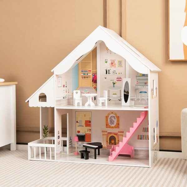 2-stöckiges Puppenhaus aus Holz mit 6 Zimmern und 8 Möbeln, kreatives Spielzeug für Kinder