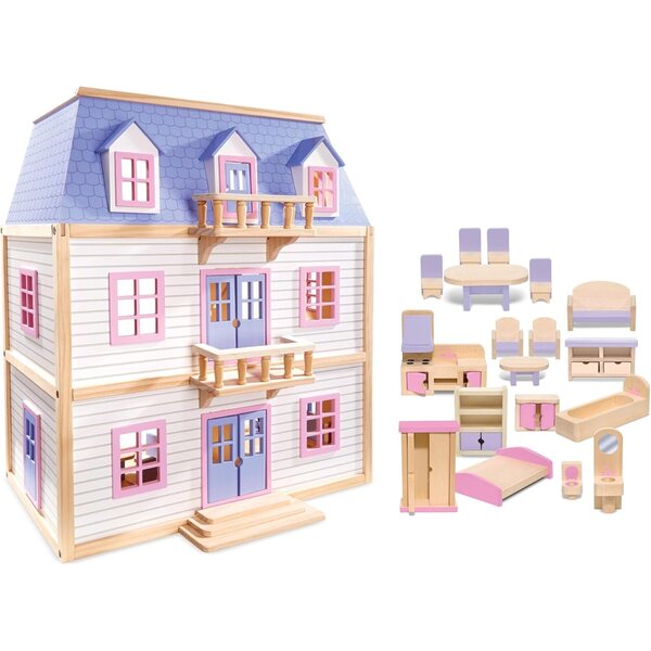 Casa delle Bambole in Legno Melissa & Doug a 3 Piani con 19 Mobili Dipinti a Mano