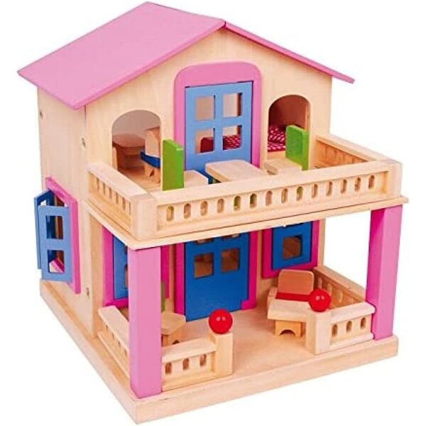 Casa delle bambole Clara con 17 mobili e tetto removibile per bambini da 3 anni