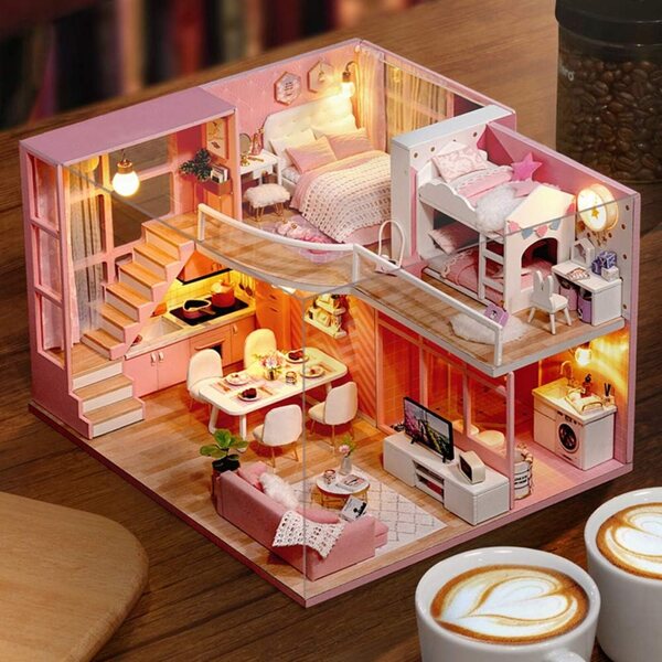 DIY Puppenhaus-Bausatz aus rosa Holz, dekorative und sichere Miniatur