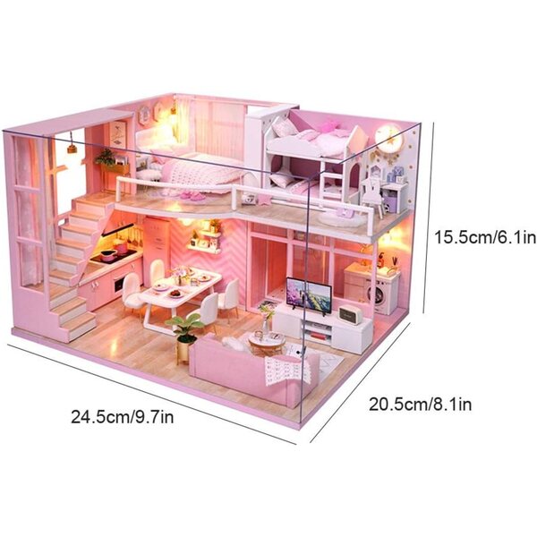 DIY Puppenhaus-Bausatz aus rosa Holz, dekorative und sichere Miniatur