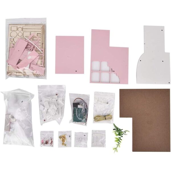 DIY Puppenhaus-Bausatz aus rosa Holz, dekorative und sichere Miniatur