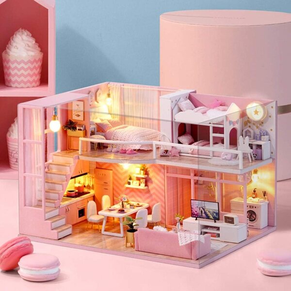 DIY Puppenhaus-Bausatz aus rosa Holz, dekorative und sichere Miniatur