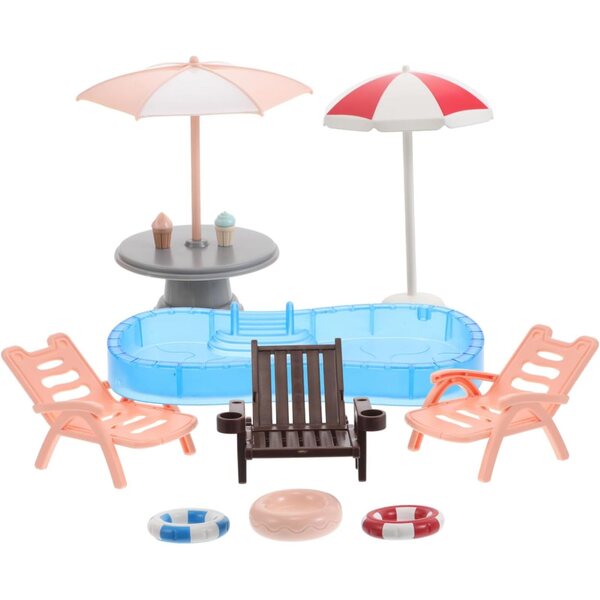 KOMBIUDA Miniatura Spiaggia con Piscina e Accessori per Casa delle Bambole Portatile