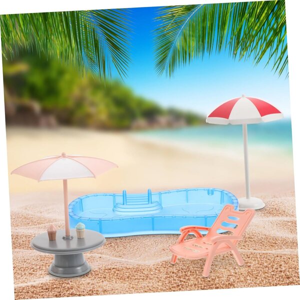 KOMBIUDA Miniatura Spiaggia con Piscina e Accessori per Casa delle Bambole Portatile