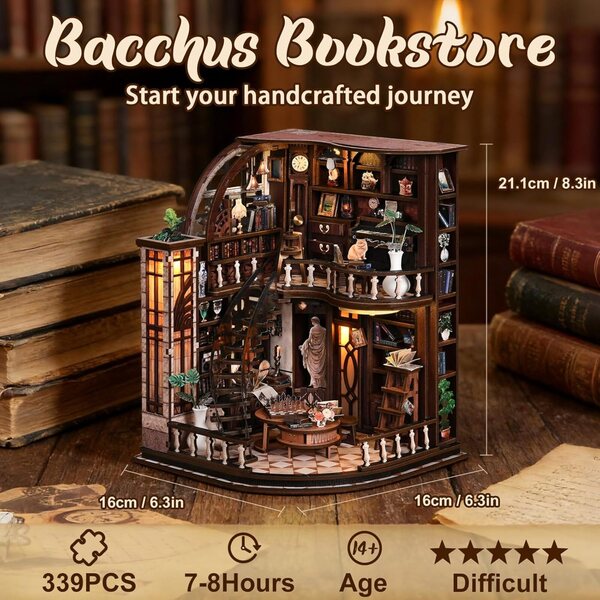 Bacchus Miniatur-Bibliothekshaus-Bausatz aus Holz zum Zusammenbauen für Erwachsene – perfektes Geschenk