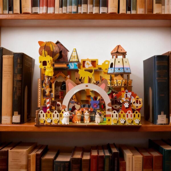 DIY 3D-Bücherregale aus Holz: Miniaturhaus für Katzen und Bücher, Dekorationsset