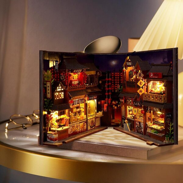 DIY-Kit 3D-Buchstütze aus Holz mit LED – Miniatur-animierte chinesische Küchenszene