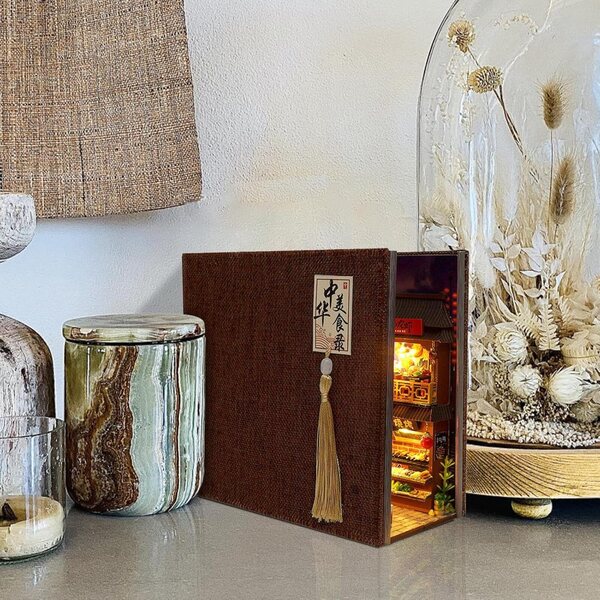 DIY-Kit 3D-Buchstütze aus Holz mit LED – Miniatur-animierte chinesische Küchenszene