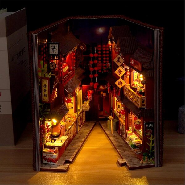 DIY-Kit 3D-Buchstütze aus Holz mit LED – Miniatur-animierte chinesische Küchenszene