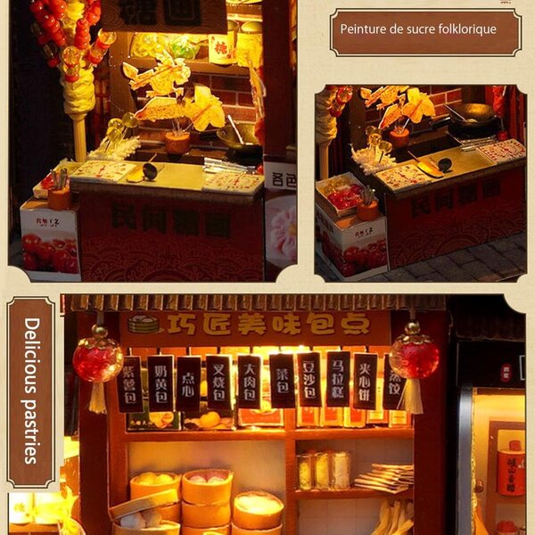 DIY-Kit 3D-Buchstütze aus Holz mit LED – Miniatur-animierte chinesische Küchenszene