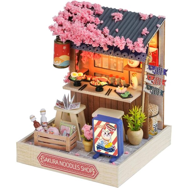 MAGQOO DIY 3D-Puppenhaus mit LED und Möbeln im Maßstab 1:32 Sukura Noodles Shop