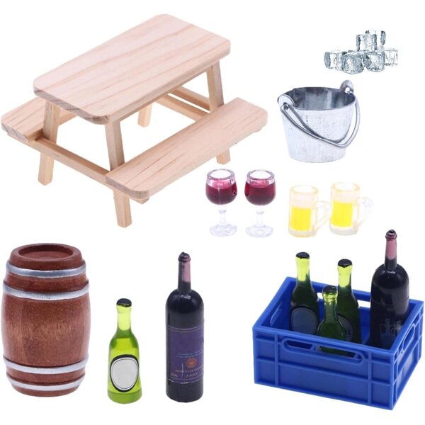 Set Miniature Cantina Vino Vintage con Accessori in Legno e Metallo per Casa delle Bambole