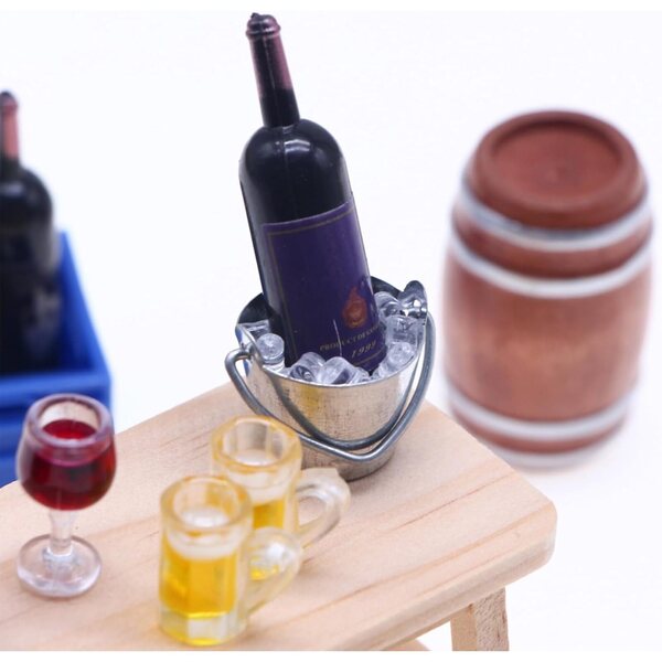 Set Miniature Cantina Vino Vintage con Accessori in Legno e Metallo per Casa delle Bambole