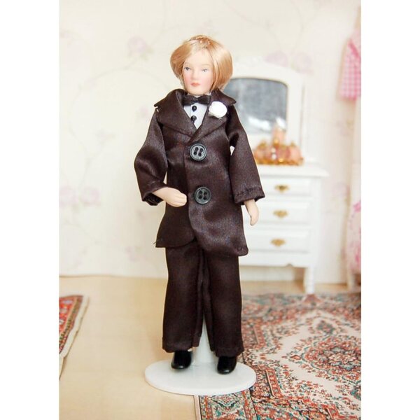 Set mit 5 Miniatur-Porzellanpuppen mit formellem schwarzem Kleid, 15 cm, für Puppenhaus