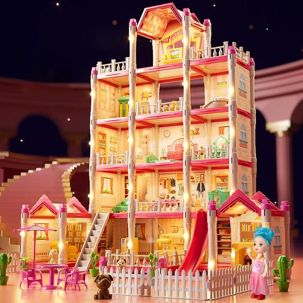 Luxuriöses 5-stöckiges Puppenhaus mit 14 Zimmern, Zubehör und Puppe für Mädchen von 3–8 Jahren