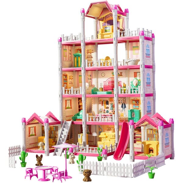 Luxuriöses 5-stöckiges Puppenhaus mit 14 Zimmern, Zubehör und Puppe für Mädchen von 3–8 Jahren