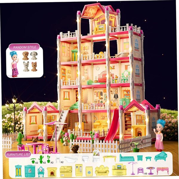 Luxuriöses 5-stöckiges Puppenhaus mit 14 Zimmern, Zubehör und Puppe für Mädchen von 3–8 Jahren