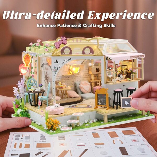 Flever DIY Miniatur-Puppenhaus-Set mit Möbeln und LED-Lichtern – Valentinstagsgeschenk