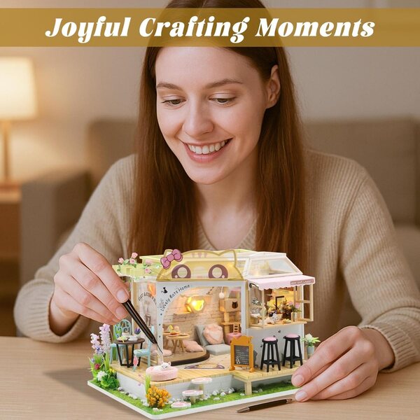 Flever DIY Miniatur-Puppenhaus-Set mit Möbeln und LED-Lichtern – Valentinstagsgeschenk