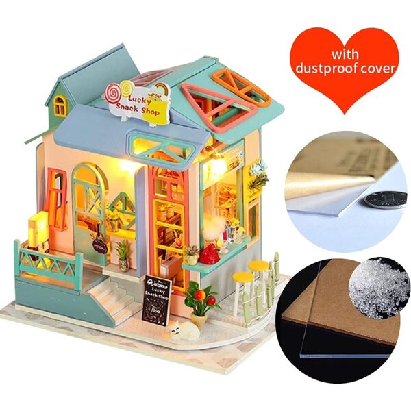 Casa delle bambole in legno da montare con luci LED - Kit creativo DIY per adulti e bambini