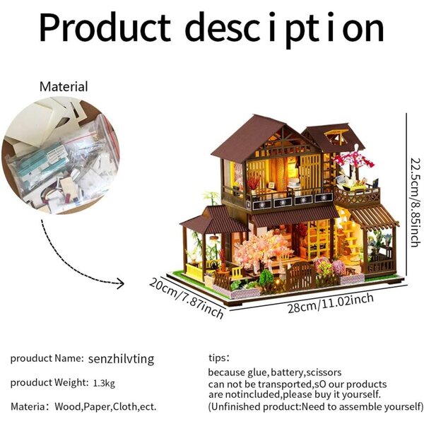 3D-Miniatur-Puppenhaus-Bausatz aus Holz mit LED und Musik, DIY 1:24