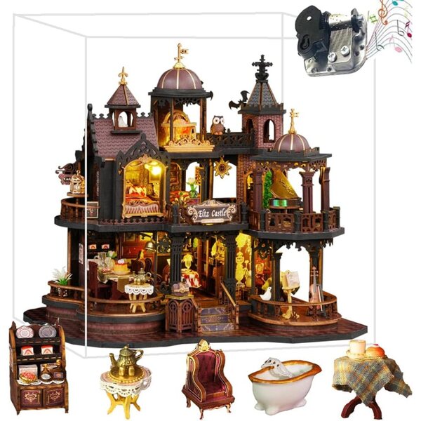 3D-Bausatz für ein mittelalterliches Holzhaus zum Zusammenbauen mit Musik und LEDs, Vintage-Miniatur