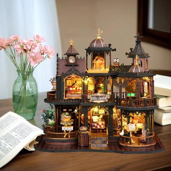 3D-Bausatz für ein mittelalterliches Holzhaus zum Zusammenbauen mit Musik und LEDs, Vintage-Miniatur