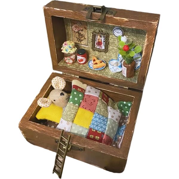 Kit Casa Miniatura in Legno con Animali in Peluche - Decorazione Artigianale 12x5x7 cm