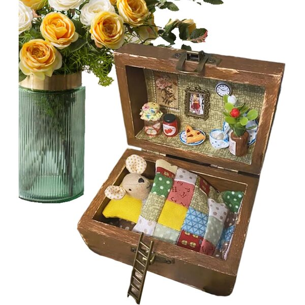 Kit Casa Miniatura in Legno con Animali in Peluche - Decorazione Artigianale 12x5x7 cm