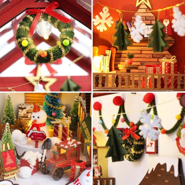 Puppenhaus-Weihnachts-Eckregal-Set mit LED-Licht und Spieluhr