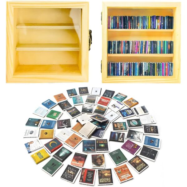 Mini biblioteca in legno con 70 mini libri per arredamento e collezionisti