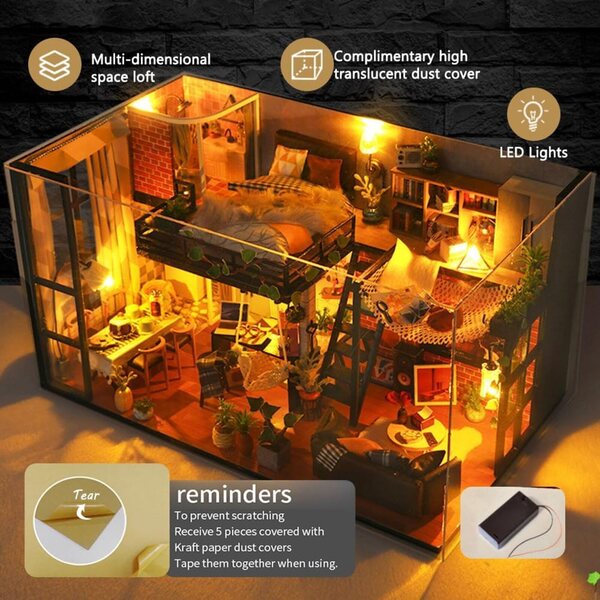 Mini Villa Maison De Dolls DIY 3D mit LED-Lichtern und Musik – Kreativset mit Möbeln und Staubschutz