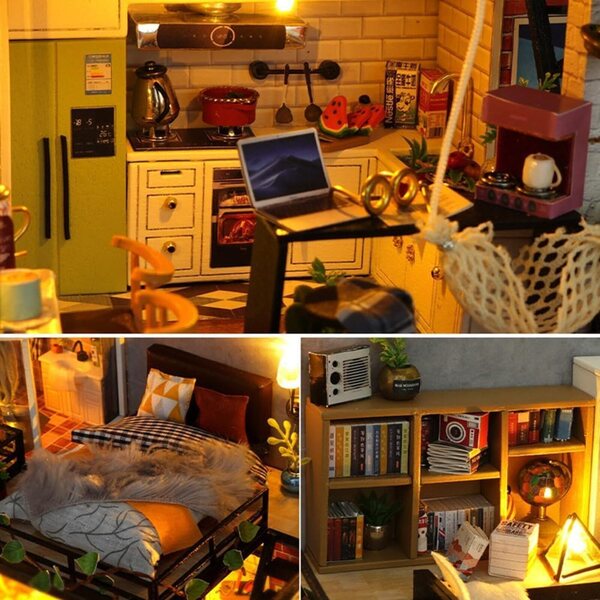 Mini Villa Maison De Dolls DIY 3D mit LED-Lichtern und Musik – Kreativset mit Möbeln und Staubschutz