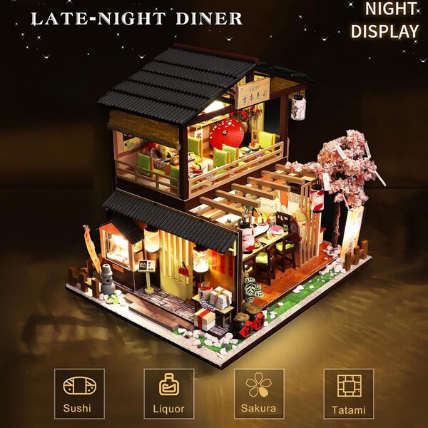 1:24 DIY japanisches Puppenhaus mit Musik und LED, kreativer Holzbausatz
