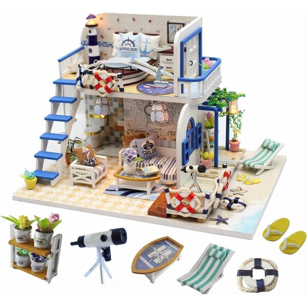 Detailliertes Miniatur-Strandhaus-Bastelset mit Musik und Möbeln