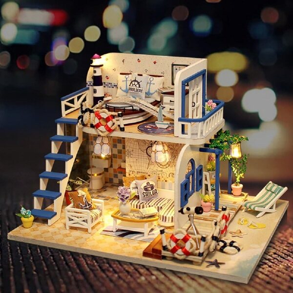 Detailliertes Miniatur-Strandhaus-Bastelset mit Musik und Möbeln