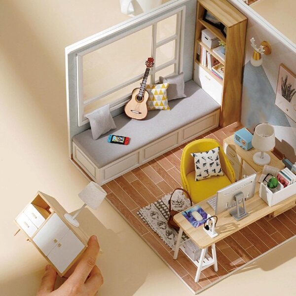 1:32 Miniaturhaus aus Holz, LED-Arbeitszimmer-Set mit Möbeln – einzigartige Heimdekoration für Kinder