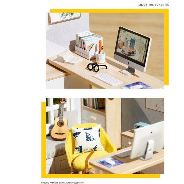 1:32 Miniaturhaus aus Holz, LED-Arbeitszimmer-Set mit Möbeln – einzigartige Heimdekoration für Kinder