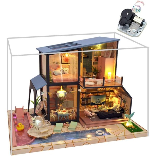 Europäisches Modell-DIY-Puppenhaus mit LED-Lichtern und Musik, Holzbausatz