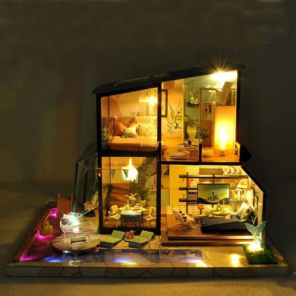 Europäisches Modell-DIY-Puppenhaus mit LED-Lichtern und Musik, Holzbausatz