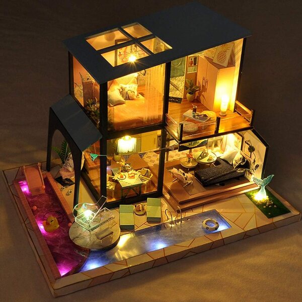 Europäisches Modell-DIY-Puppenhaus mit LED-Lichtern und Musik, Holzbausatz