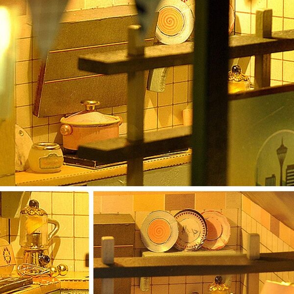 Europäisches Modell-DIY-Puppenhaus mit LED-Lichtern und Musik, Holzbausatz