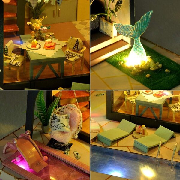 Europäisches Modell-DIY-Puppenhaus mit LED-Lichtern und Musik, Holzbausatz