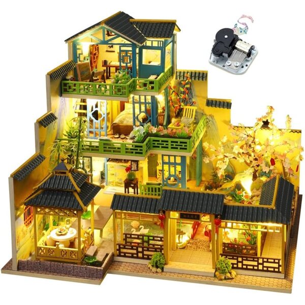 3D-DIY-Miniaturhaus-Bausatz im chinesischen Stil mit LED-Leuchten und Holzmöbeln im Maßstab 1:24