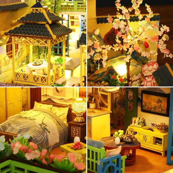 3D-DIY-Miniaturhaus-Bausatz im chinesischen Stil mit LED-Leuchten und Holzmöbeln im Maßstab 1:24