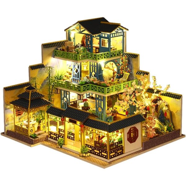 3D-DIY-Miniaturhaus-Bausatz im chinesischen Stil mit LED-Leuchten und Holzmöbeln im Maßstab 1:24