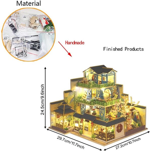 3D-DIY-Miniaturhaus-Bausatz im chinesischen Stil mit LED-Leuchten und Holzmöbeln im Maßstab 1:24