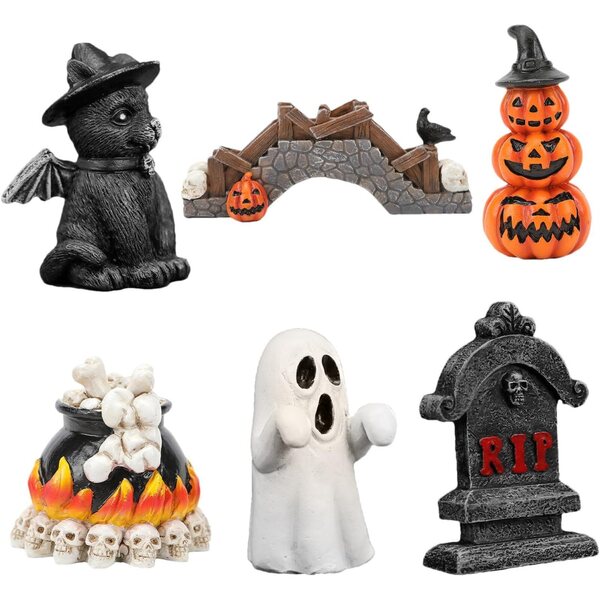 Set mit 6 Miniatur-Spukhausstatuen aus Kunstharz für Halloween- und Partydekorationen